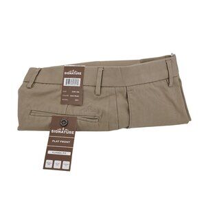 Signature Dark Khaki Pants 32W 30L Flat Front Classic Fit Wrinkle Free Comfort F